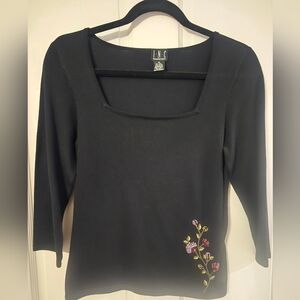 INC International Concepts Black Silk Sweater with Floral Embroidery And Beading